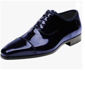 FSJ Men's Blue Oxford Handcrafted Lace Up Luxury Glossy Leather Dress Shoes